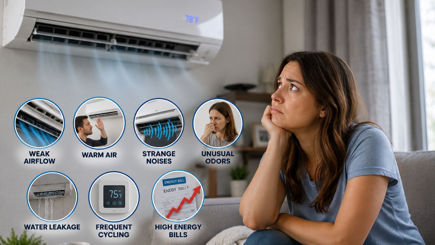 Need AC Repair Worker? Spot these warning signs early & get expert AC service before cooling problems, raise energy bills, or cause breakdown